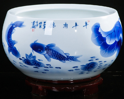 景德鎮(zhèn)陶瓷器手繪青花瓷魚(yú)缸聚寶盆水淺烏龜缸荷花盆客廳裝飾擺件